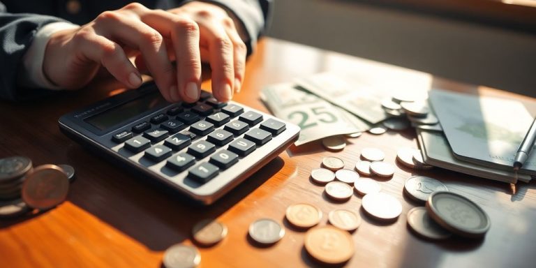 Person calculating investment returns with calculator.