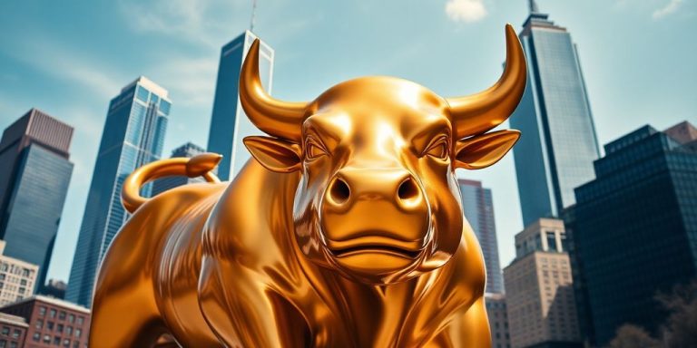 Golden bull statue, New York City skyline.