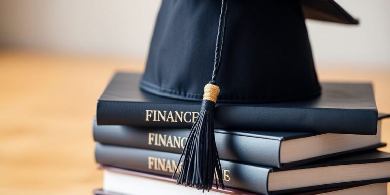 Graduation cap on finance textbooks.