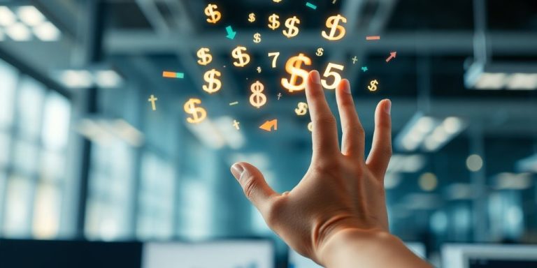 Hand pointing at floating financial data.