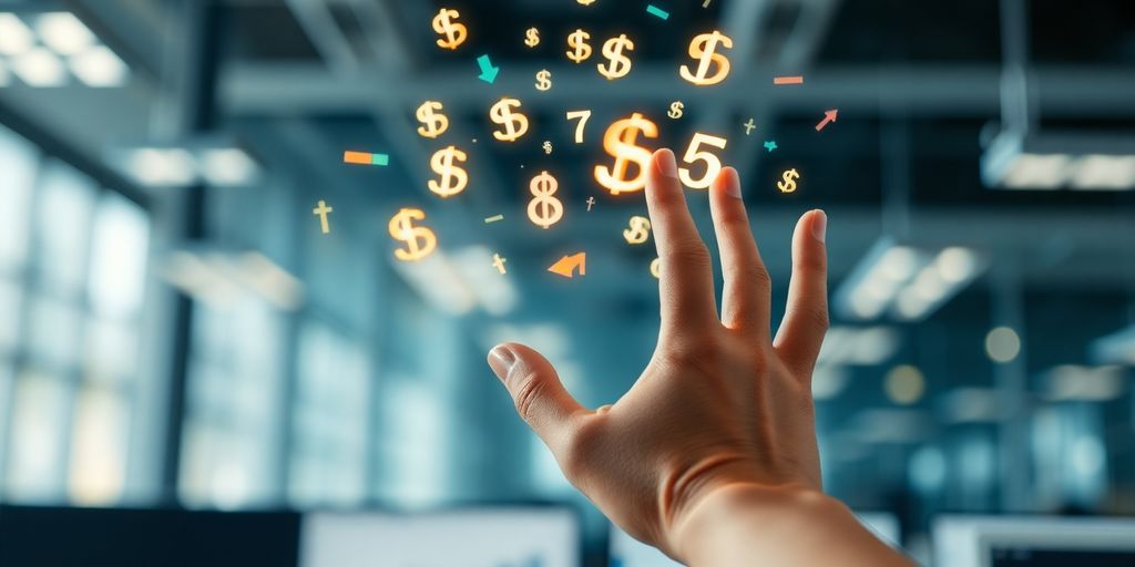 Hand pointing at floating financial data.