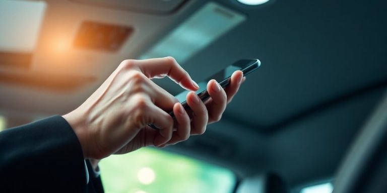 Hands holding smartphone, dialing, modern office car background.