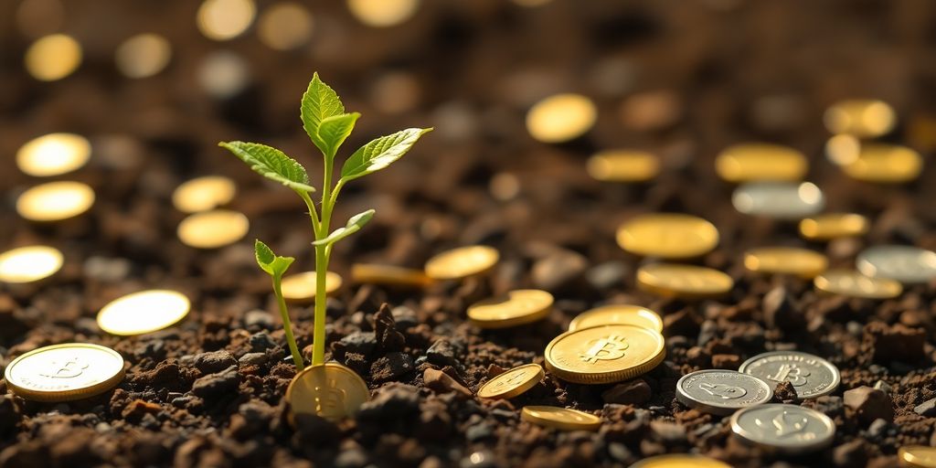 Coins and plants grow from soil.