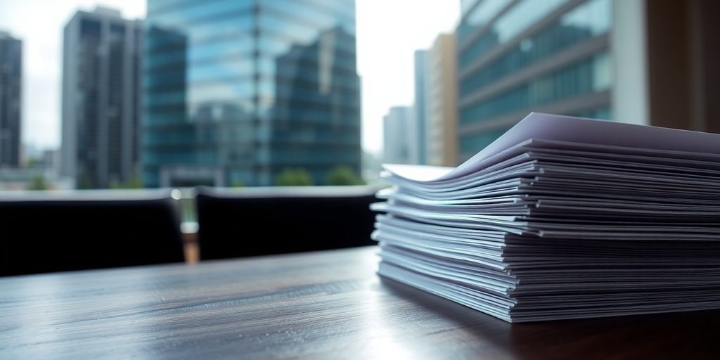 Corporate buildings with financial documents.