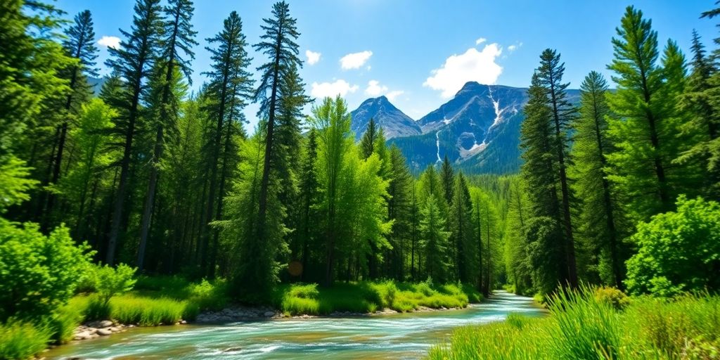 Lush forest, flowing river, and sunlit mountains.