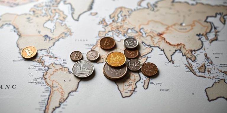 Coins and currency on a world map.