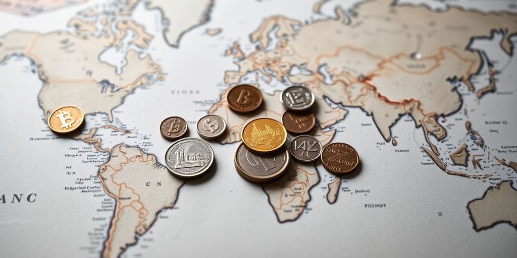 Coins and currency on a world map.