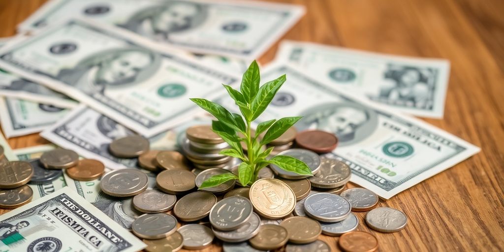 Coins and currency with a green plant