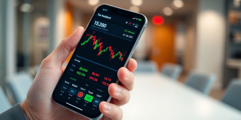 Hand holding phone displaying stock market data.