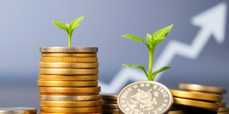 Stack of diverse coins, growing plant, rising arrow.