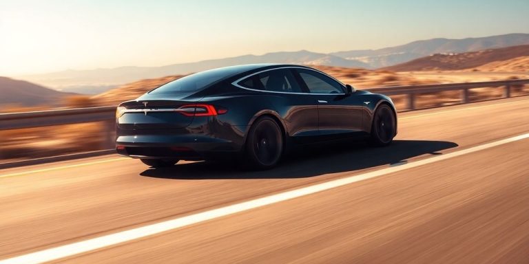 Close-up: sleek Tesla car, dynamic road backdrop.