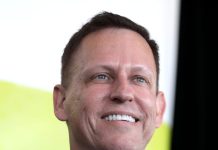Portrait of Peter Thiel with subtle financial background.