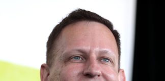 Portrait of Peter Thiel with subtle financial background.