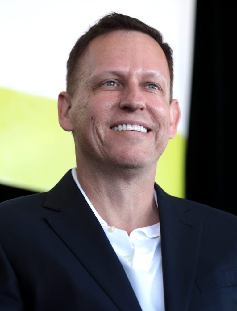 Portrait of Peter Thiel with subtle financial background.