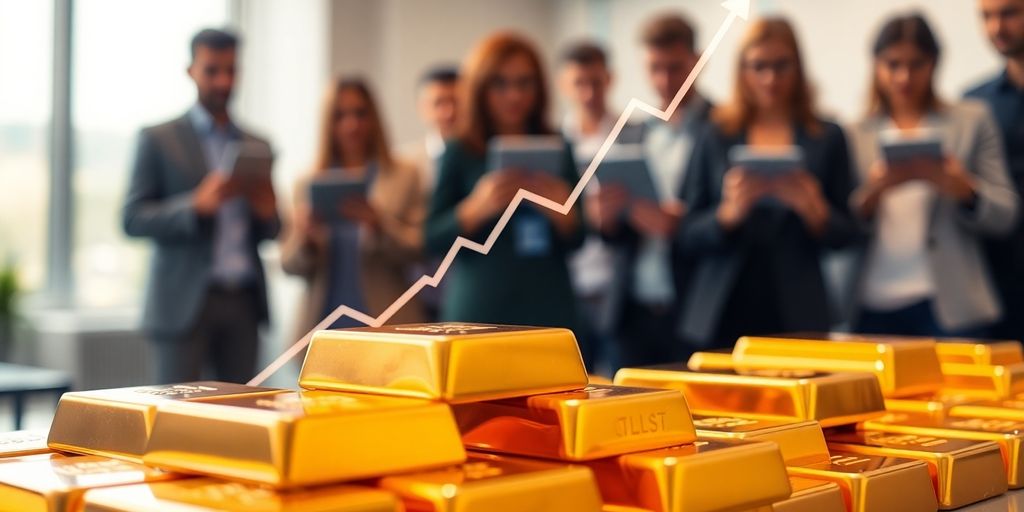 Shimmering gold bars, financial charts, diverse investors.
