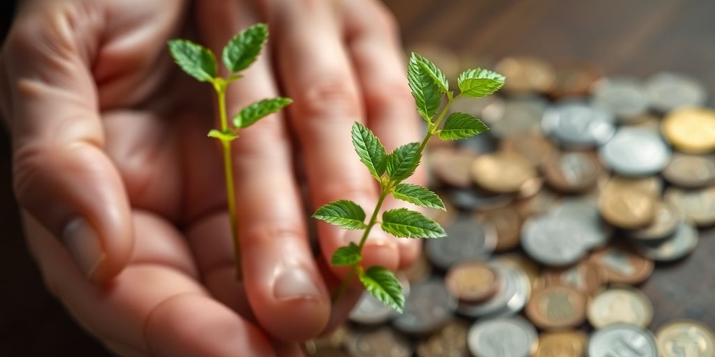 Person examining diverse coins and small plant.