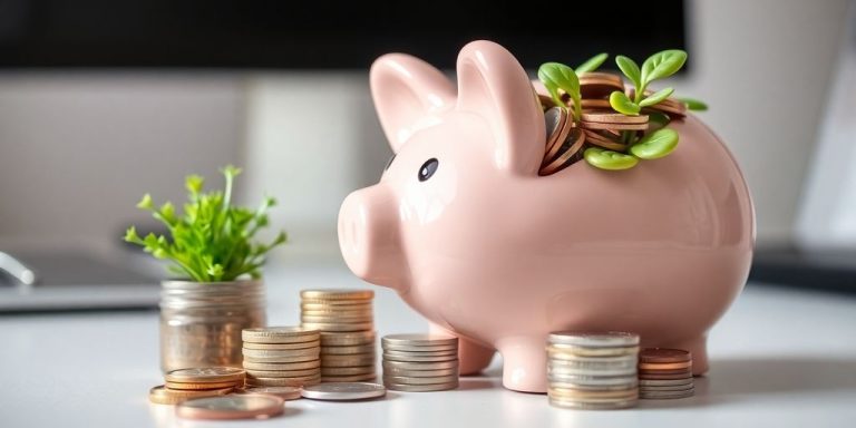 Piggy bank, coins, and a plant on a desk.