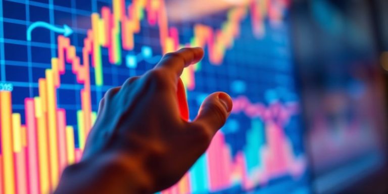 A confident hand interacts with a glowing digital financial interface.