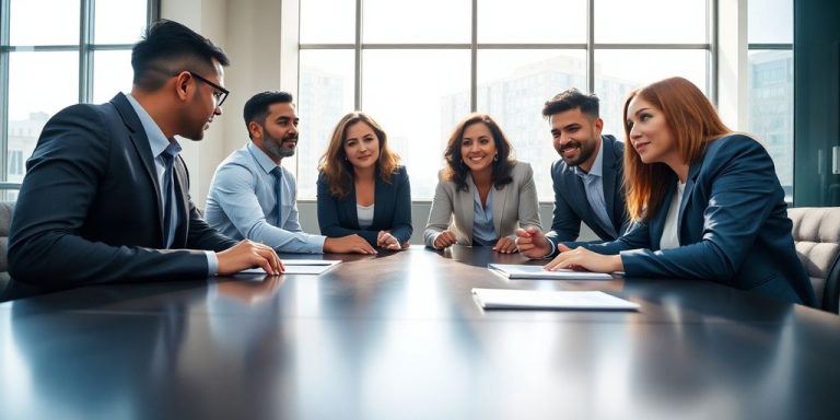 Professionals collaborating in a modern office.