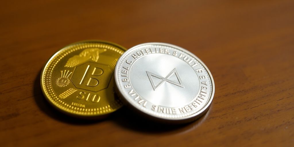 Two distinct coins, one gold, one silver, on a table.