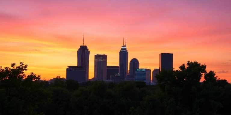 Dallas skyline, financial buildings, green trees, clear sky.