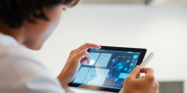 Person using a stock market simulator on a tablet.