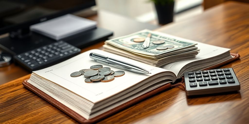Stack of banknotes, coins, open ledger, calculator on desk.