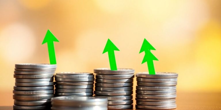 Green arrows rising from coin piles.