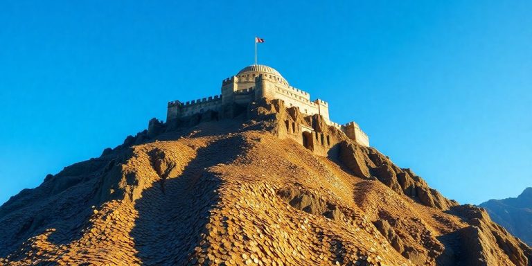 Golden citadel atop a rugged, money-filled mountain.