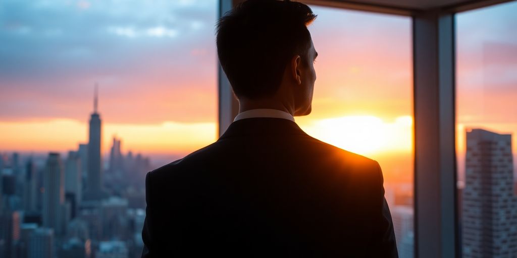 Businessman looking at city skyline.