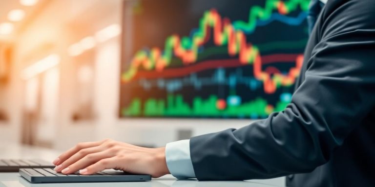 Professional at desk, financial data on screen.