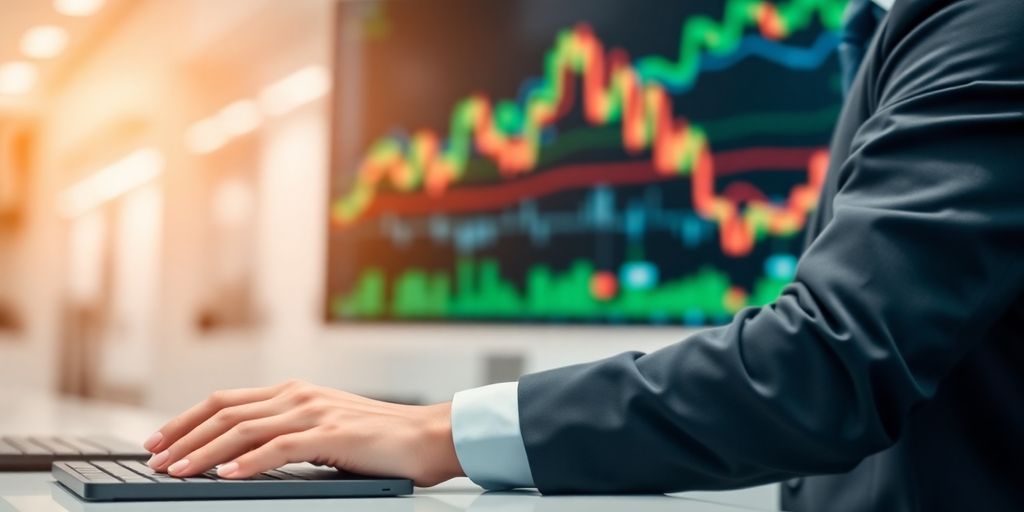 Professional at desk, financial data on screen.