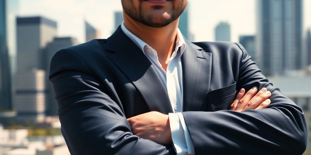 Executive in suit, city backdrop