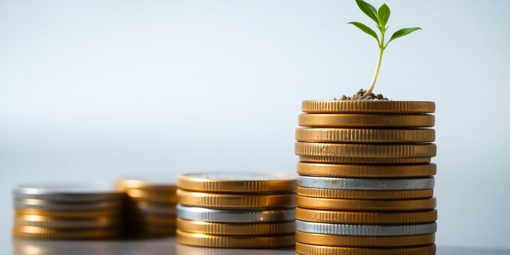 Coins stacked with a small plant growing.