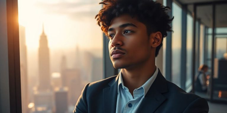 Analyst in NYC looking at skyline.