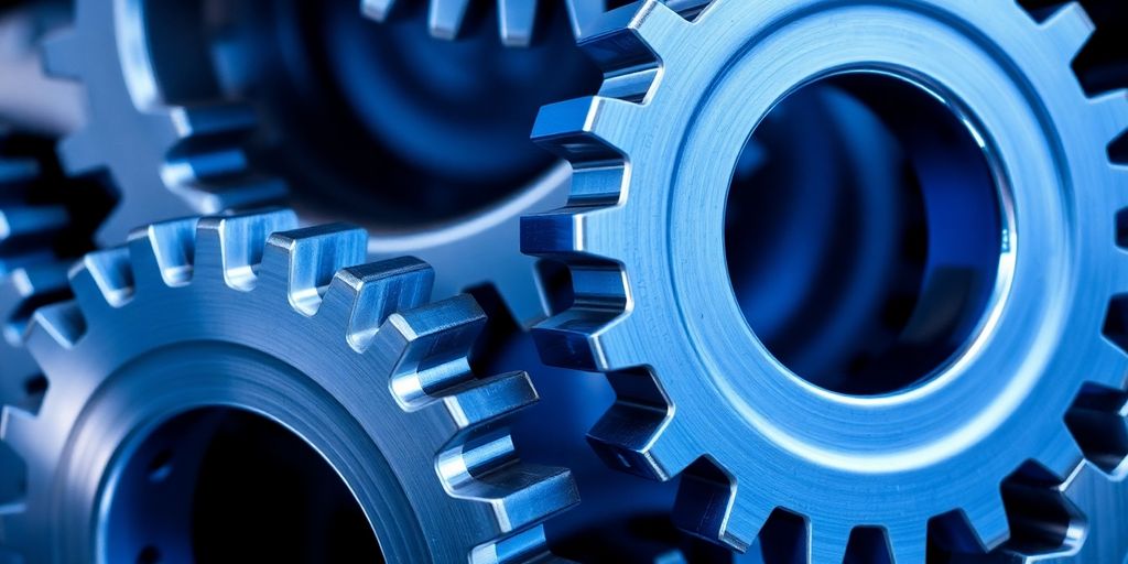 Abstract blue and white gears meshing smoothly.