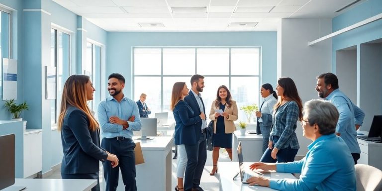 Friendly staff helping diverse customers at a financial institution.