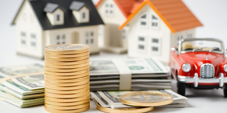 Gold coins, stack of cash, and a house model.