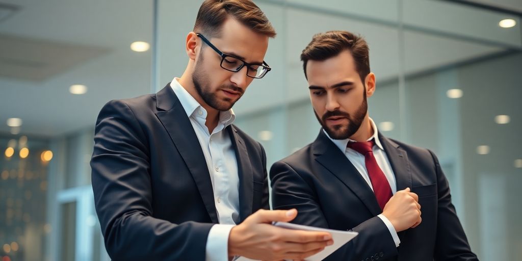 Bankers in suits collaborating in a bright office.