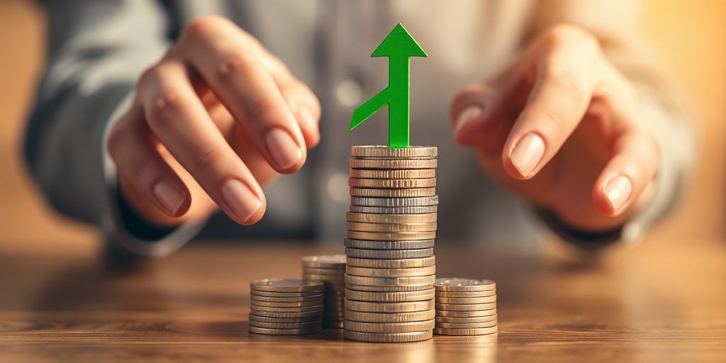 Coins stacked with green arrow pointing up.