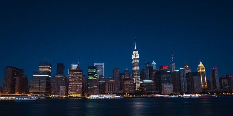 New York City skyline with financial district buildings.