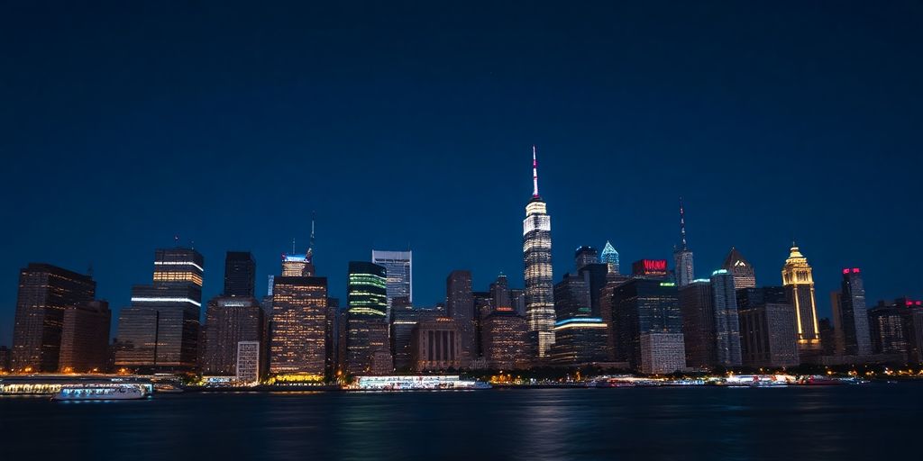 New York City skyline with financial district buildings.
