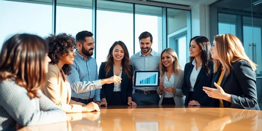 Businessman smiling, looking at tablet.