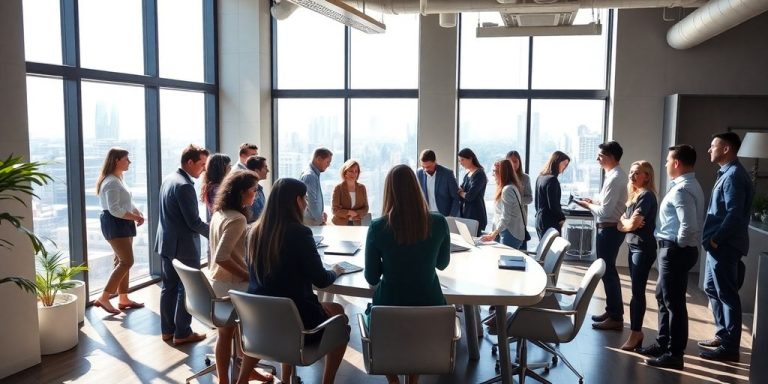Diverse professionals collaborating in a modern financial office.
