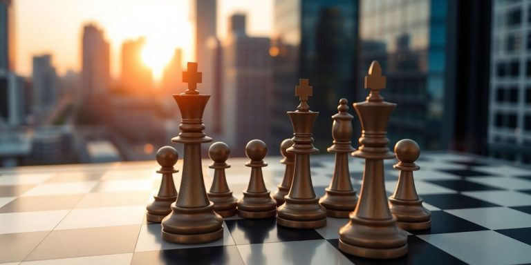 Corporate buildings, chess pieces, rising sun.