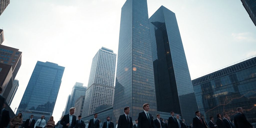 Skyscrapers, business people, and glowing financial data.