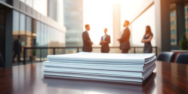 Corporate building, financial report, business people.