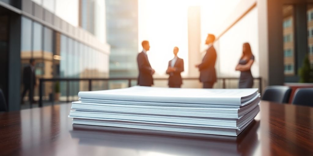 Corporate building, financial report, business people.