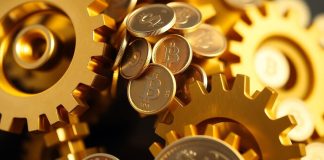 Golden gears turning, dollar coins flowing.