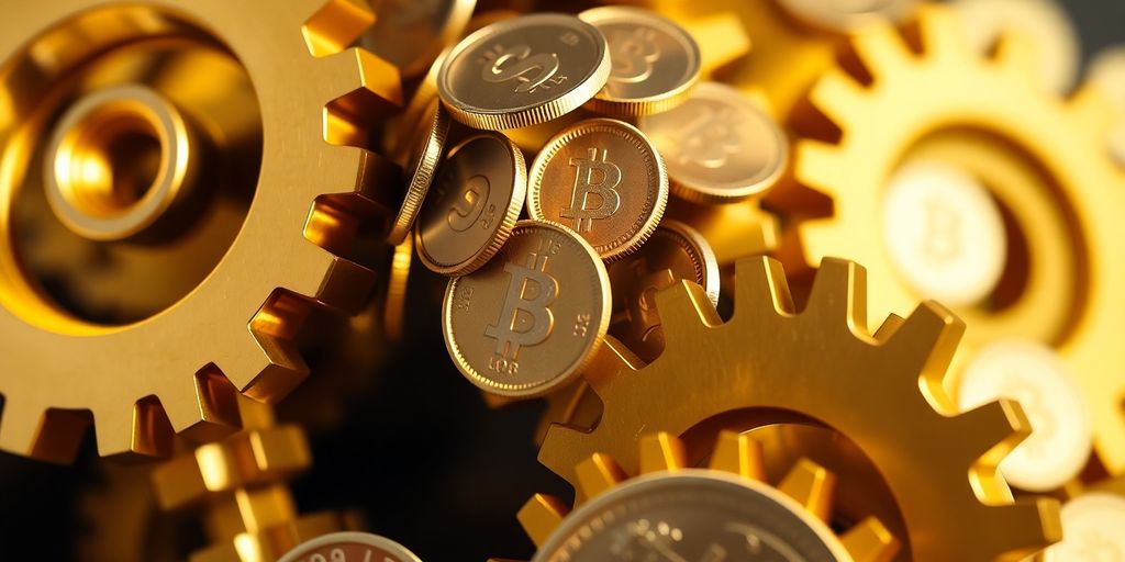 Golden gears turning, dollar coins flowing.